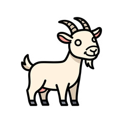 Cartoon illustration of a smiling, light-colored goat with horns and a beard, standing on a white background.