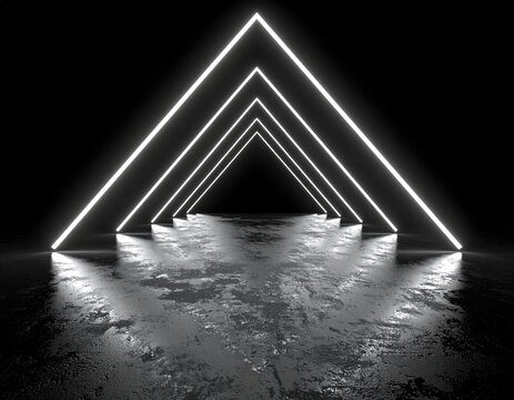 Illuminated triangular tunnel with bright lines reflecting on wet, textured ground