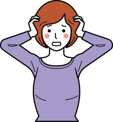 正面向き。頭を抱えるカットソーの若い女性。