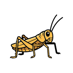Cartoon illustration of a grasshopper with a yellow body, black legs, and long antennae on a white background.