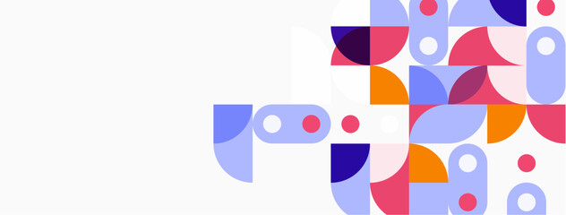 Abstract geometric shapes, vibrant colors, minimalist design. Composition features overlapping circles, squares, curves. Modern aesthetic.
