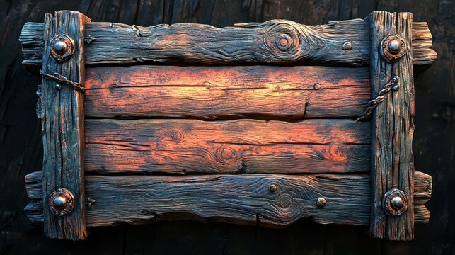 Weathered wooden sign with metal rivets, ropes, and detailed grain texture