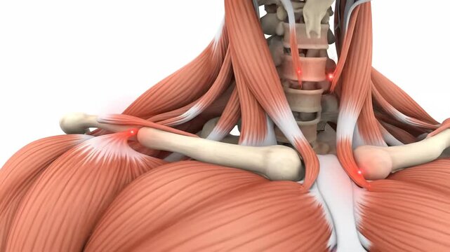 3D Animation of the Human Neck and Shoulder Anatomy Visualizing Pain Points and Muscle Movement for Medical Education or Healthcare Promotion
