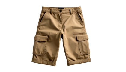 Tan cargo shorts with pockets isolated on a black backdrop
