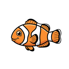 Cartoon illustration of a clownfish with orange body and white stripes, smiling.