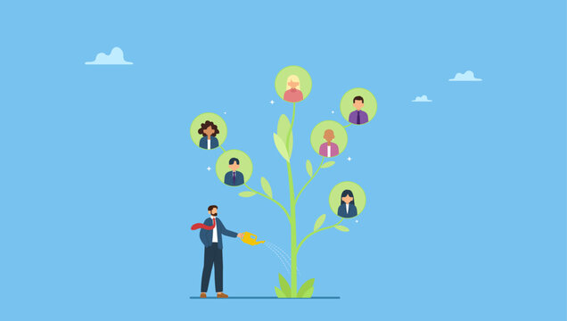Businessman HR watering growing tree with employees. Career growth, HR human resources or organization, people management, career development strategy, employee skill or hiring, recruitment.