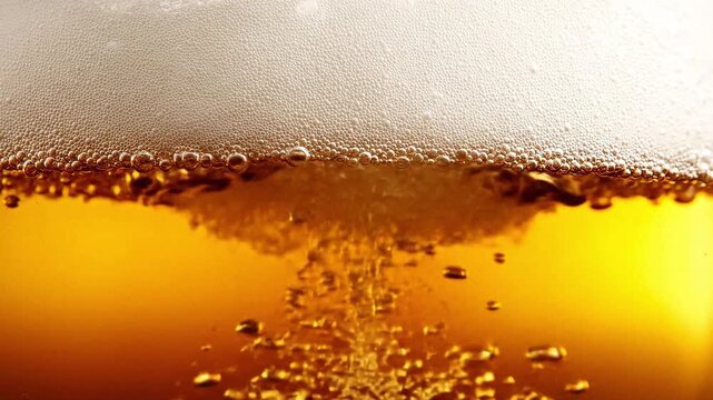 Cool beers with beer bubbles on top a glass. Fresh beer with foam and bubbles. Freshly alcohol Macro close up