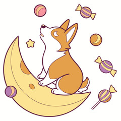 Whimsical Corgi feeling Amused in a Birthday setting with sitting on a moon – colored in Candy Shop
