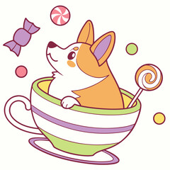 Charming SVG of a Funny Corgi featuring in a teacup, styled in a Birthday theme with Candy Shop hues