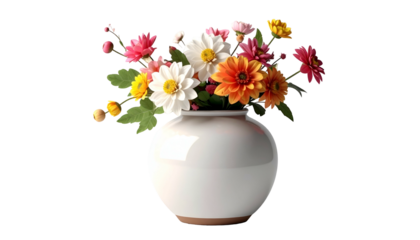 Vivid flowers erupt from a round, creamy white vase