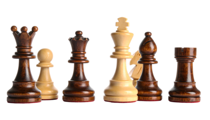 Chess pieces stand facing forward against a stark, dark background