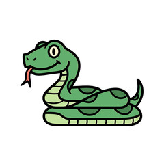 Cartoon illustration of a green snake with black outlines, coiled and sticking its tongue out.