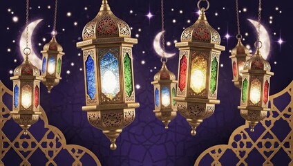 Festive Ramadan Lanterns Illuminate Night Sky With Crescent Moons And Twinkling Stars - Powered by Adobe