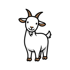 Cartoon illustration of a cute, white goat with brown hooves and horns, standing on a white background.