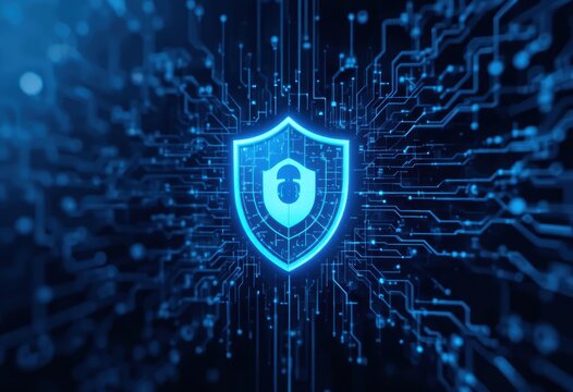 Bright digital shield icon amidst intricate circuit background in cyber security theme Generative AI