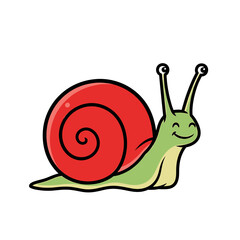 Cartoon illustration of a smiling snail with a red shell and green body, isolated on white.