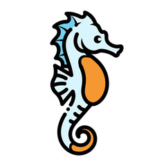 A stylized illustration of a seahorse, depicted in vibrant colors with detailed outlines.