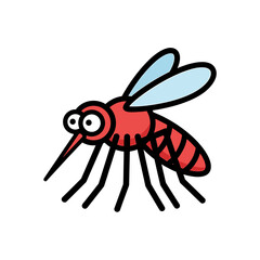 A cartoon depiction of a mosquito, featuring red body, black legs, and blue wings.