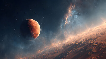 Mars the fourth planet from the sun rotates in space with a nebula and stars in the background. A celestial body orbiting our solar system s star a cosmic dance amidst galactic dust
