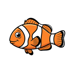 Cartoon depiction of an orange clownfish with white stripes, isolated on a white background.