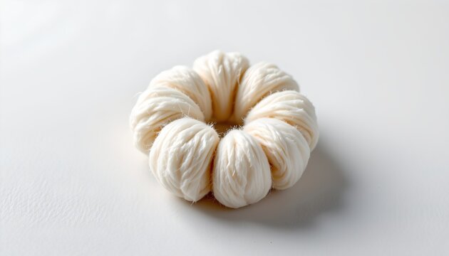 A single doughnut shaped object that appears to be made from a pale material, possibly yarn or thread