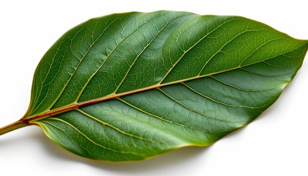 A single, vibrant green leaf with a noticeable vein running down its center against a white background.