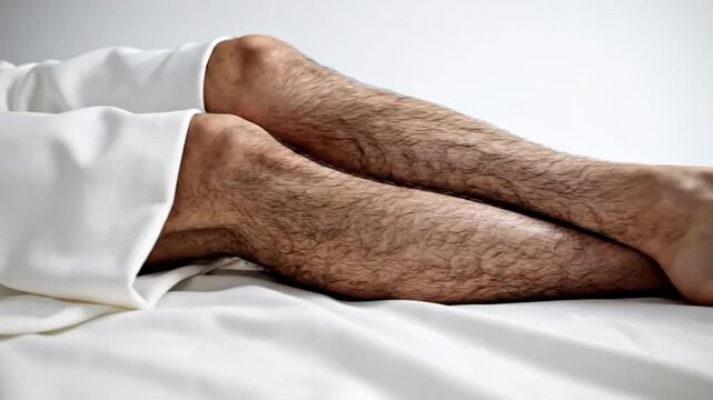 Close-up of a mans hairy legs resting on a white bedsheet, showing natural body hair and relaxed posture.