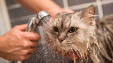 Cat Bathing Session: Person Washing a Long-Haired Cat Under a Shower with Water Flowing, Capturing a Unique Moment of Pet Grooming Experience