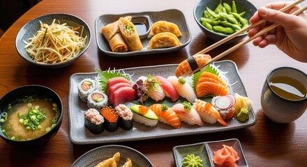 A vibrant spread of Japanese cuisine featuring a large sushi and sashimi platter, miso soup, edamame, spring rolls, and gyoza on a wooden table.