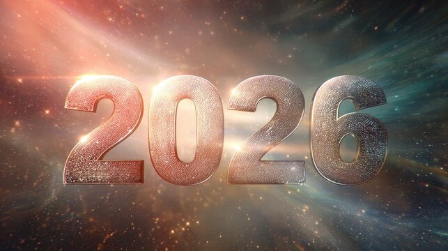 Three dimensional metallic numerals spelling the year two thousand twenty six displayed against a vibrant cosmic background