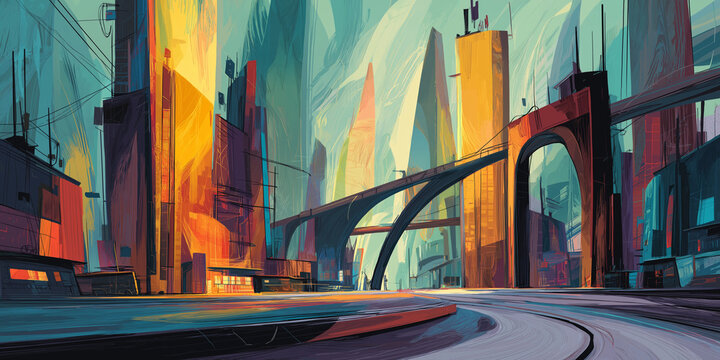 Abstract cityscape art with vibrant colors and modern feel for creative urban projects and architectural designs