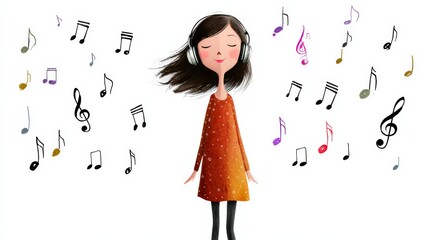 Young girl with long dark hair wearing headphones, enjoying music surrounded by colorful musical notes in a whimsical illustration, conveying joy and creativity in a vibrant atmosphere