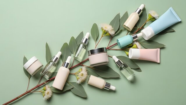 Assortment of skincare products with eucalyptus leaves on a light green background flat lay view