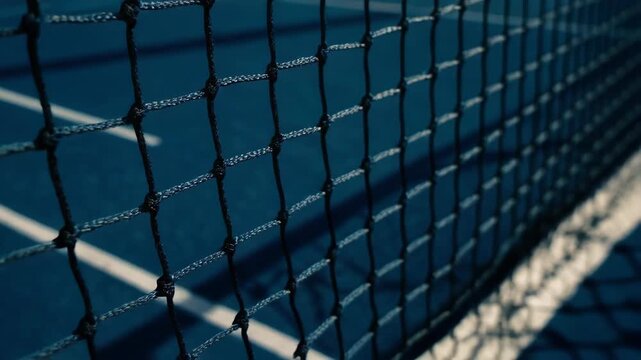Close-up of a Tennis Net on a Blue Hard Court, Focused Depth of Field Shows Grid Structure
