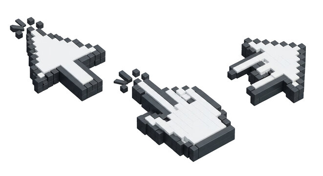 Pixelated cursor set for web design projects showcases retro digital art style, perfect for illustrating user interaction and nostalgic tech themes with a modern touch