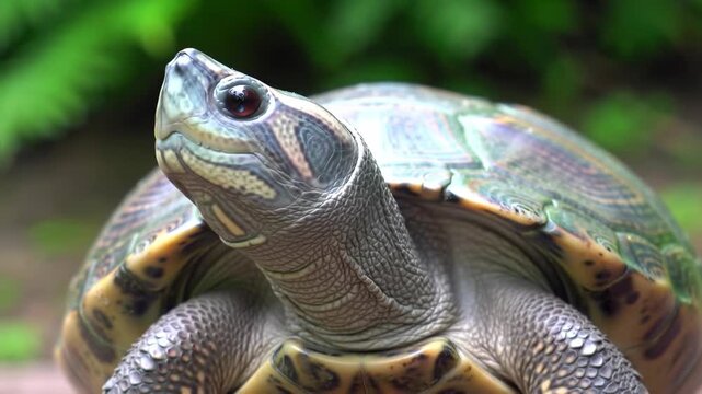 Close up outdoor portrait of a curious turtle looking up with detailed shell texture and green foliage background