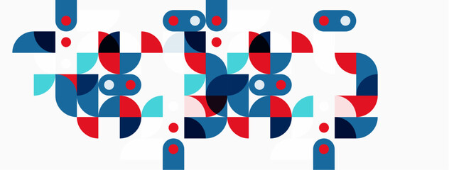 Fototapeta premium Abstract geometric shapes, red, blue, teal. Minimalist design, clean lines, modern aesthetic. Composition features overlapping circles, rectangles.