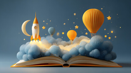 Open book and space elements. Planet rocket star cloud aerostat. Education concept for kids. Knowledge creativity discoveries. Design for educational motivational banner. Back