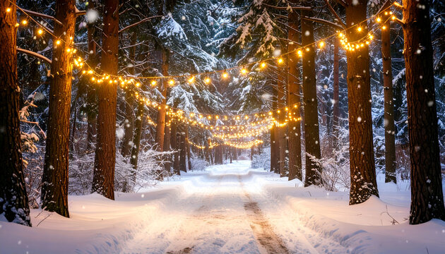 Snow falls on a forest path illuminated by warm lights, creating a peaceful winter wonderland scene.