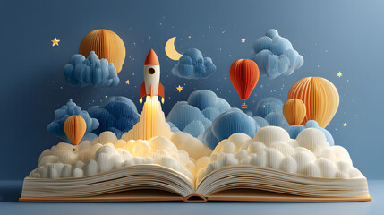 Open book and space elements. Planet rocket star cloud aerostat. Education concept for kids. Knowledge creativity discoveries. Design for educational motivational banner. Back