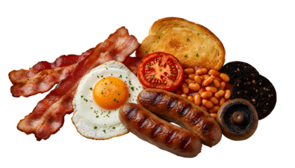 Traditional full english breakfast with fried eggs bacon and sausages