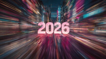 Glowing numerical designation for the year twenty twenty six appears centered over a vibrant, motion-blurred cityscape at night