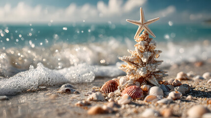 A beach scene with starfish and seashells forming the shape of an outdoor Christmas tree set against a blurred background of waves in sunlight. Ocean imagery depicts a festive aquatic