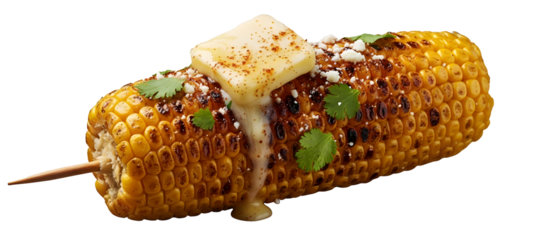 Roasted corn on the cob with butter seasoning and fresh herbs isolated on white