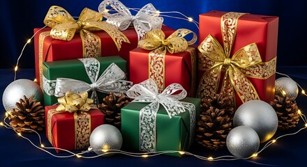Fototapeta premium Festive christmas gifts with bows, ornaments, pinecones, lights