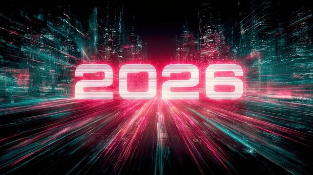 Glowing numerical date signifies rapid transit through a futuristic metropolitan environment