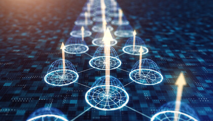 Digital Network Ascent: A vibrant display of a digital network with luminous upward arrows and interconnected nodes, representing progress and technological advancement. 