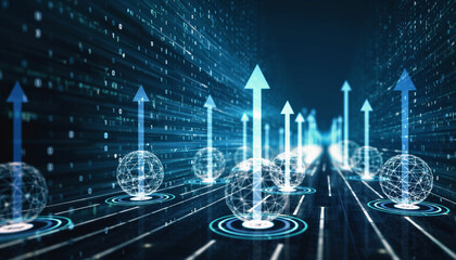 Digital Growth: A striking visual representation of exponential growth in the digital realm. Arrows ascend from interconnected spheres, symbolizing technological advancement and future progress.