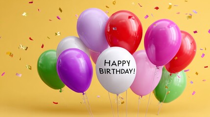 Colorful balloons in various shades, including a white balloon with "Happy Birthday" text, floating against a vibrant yellow background, creating a festive celebration atmosphere