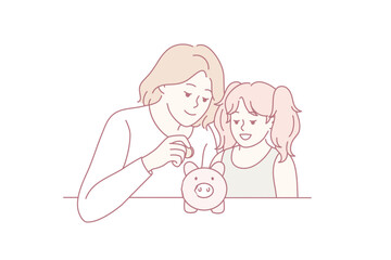 mother and daughter saving coins together, placing coin into smiling piggy bank on table, gentle pastel line illustration, warm nurturing mood, parent teaching financial literacy and saving